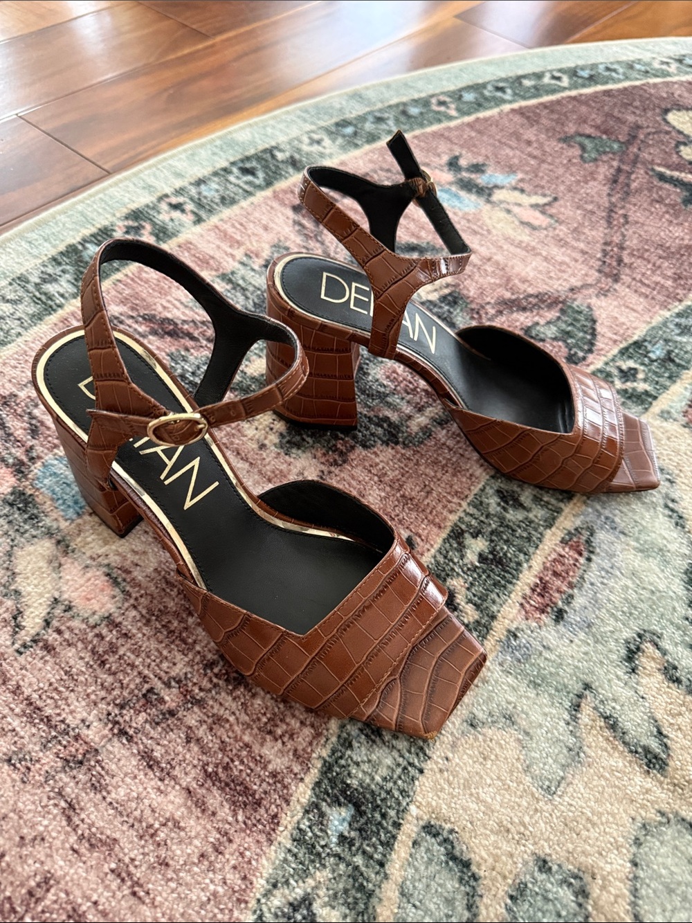 Deltan Croc-Embossed Brown Leather Block Heel Strap Sandals